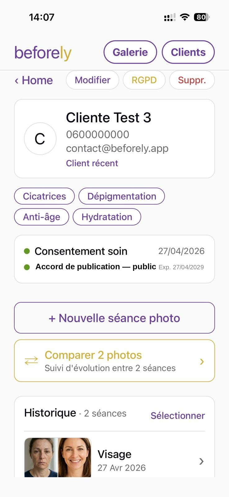 Fiche cliente avec historique
